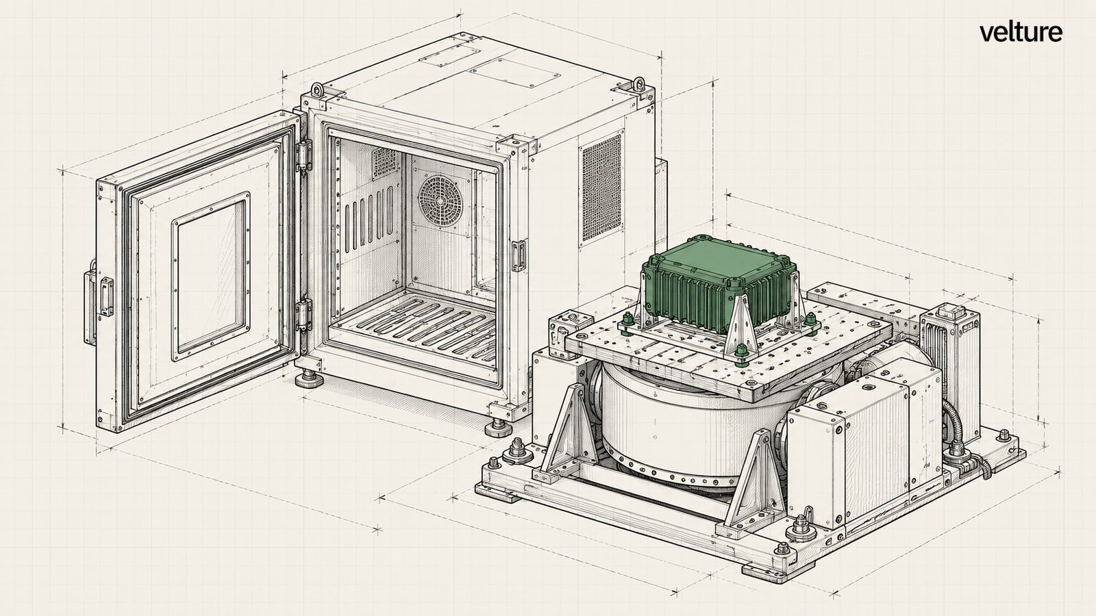 Technical line drawing of a thermal test chamber with its door open beside a vibration shaker, with a green electronics enclosure bolted to the fixture