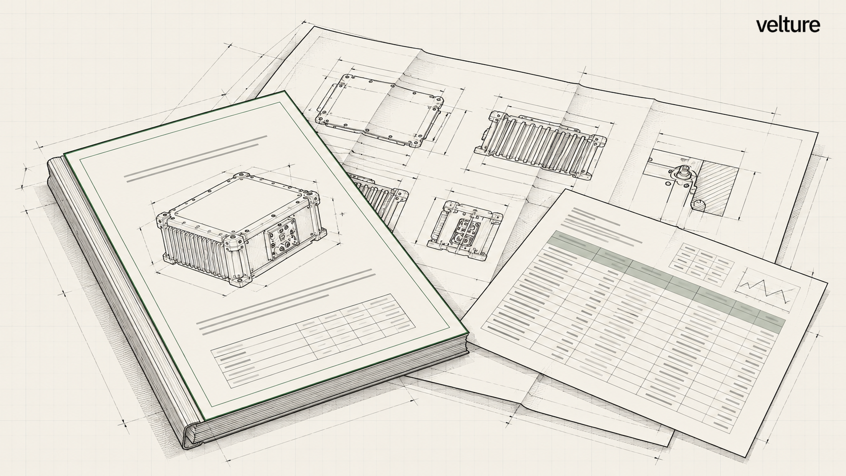 Line drawing of a customer test request: a bound test plan, a folded mechanical drawing and a printed spreadsheet