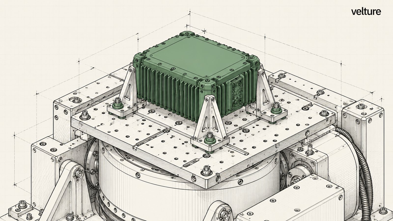 Line drawing of a green electronics enclosure bolted to a fixture on the head of a vibration shaker